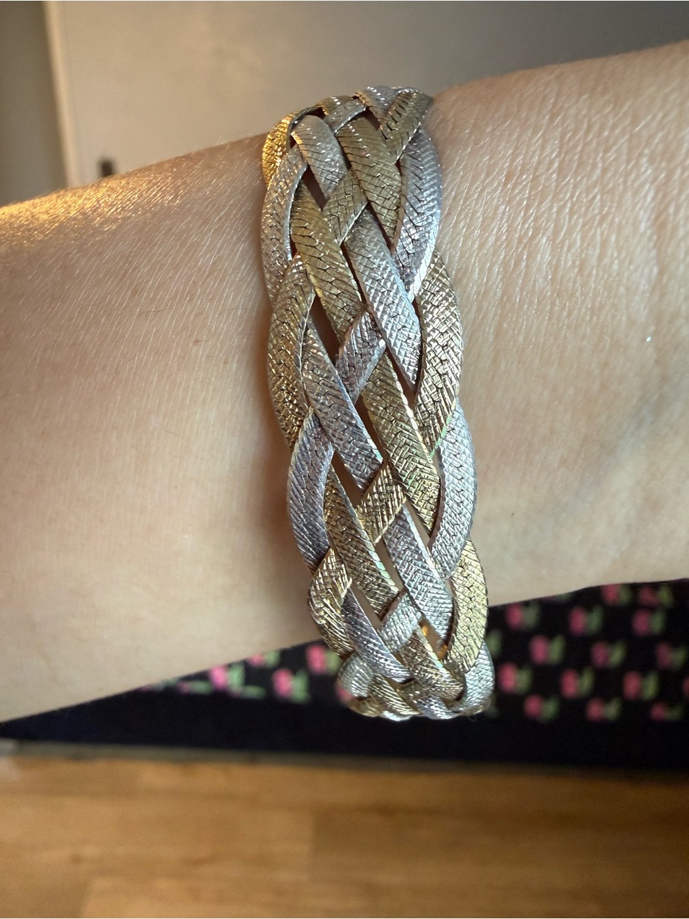 Pulsera Ancha Trenzada Tricolor Plata de Ley 925 ITALY Estilo Espiga Vintage